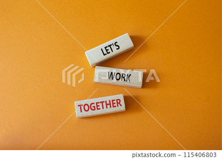 Lets work together symbol. Concept words Less is More on wooden blocks. Beautiful orange background. Business and Less is More concept. Copy space. Lets work together symbol. Concept words Less is More on wooden blocks. Beautiful orange background. Business and Less is More concept. Copy space. 115406803