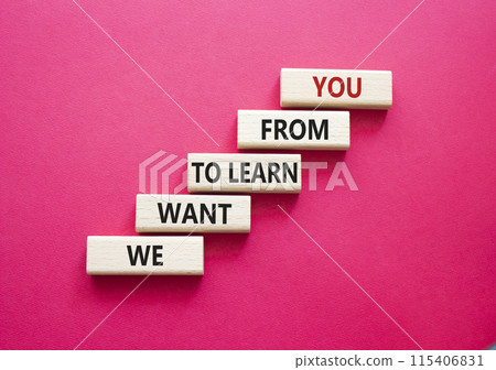 We want to learn from you symbol. Wooden blocks with words We want to learn from you. Beautiful red background. Business and We want to learn from you. Copy space. We want to learn from you symbol. Wooden blocks with words We want to learn from you. Beautiful red background. Business and We want to learn from you. Copy space. 115406831