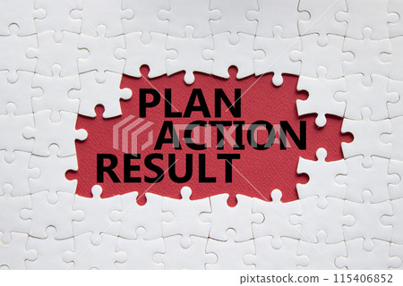 Plan Action Result symbol. Concept words Plan Action Result on white puzzle. Beautiful red background. Business concept and Plan Action Result. Copy space. 115406852