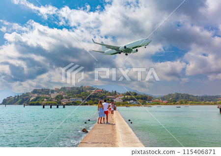 Airplane Landing Over Coastline, Corfu, Greece Airplane Landing Over Coastline, Corfu, Greece 115406871