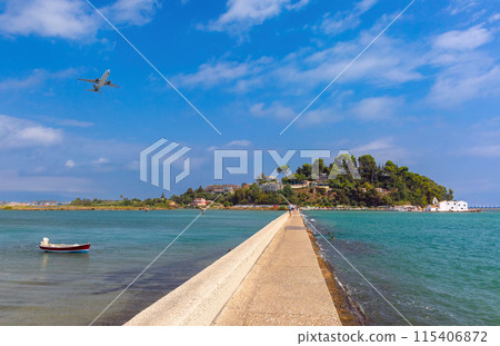 Airplane Landing Over Coastline, Corfu, Greece Airplane Landing Over Coastline, Corfu, Greece 115406872