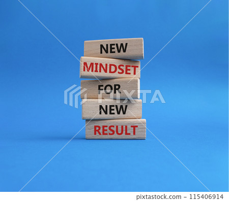 Mindset symbol. Wooden blocks with words New Mindset new Result. Beautiful blue background. Business and New Mindset new Result concept. Copy space. Mindset symbol. Wooden blocks with words New Mindset new Result. Beautiful blue background. Business and New Mindset new Result concept. Copy space. 115406914