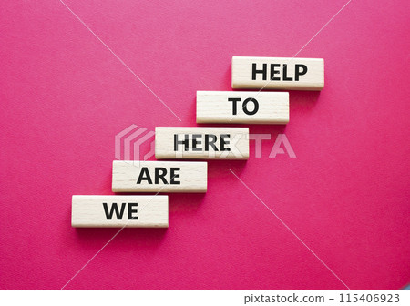 We are here to help symbol. Concept words we are here to help on wooden blocks. Beautiful red background. Business and we are here to help concept. Copy space. We are here to help symbol. Concept words we are here to help on wooden blocks. Beautiful red background. Business and we are here to help concept. Copy space. 115406923