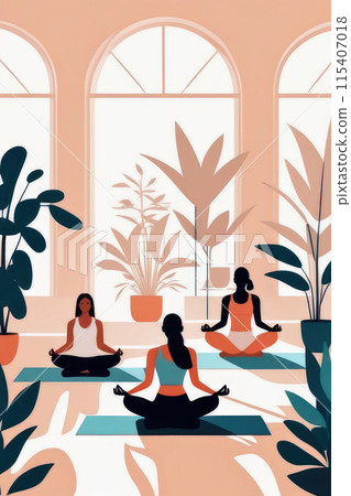 Meditating with group during yoga session in sunlit room with plants. 115407018