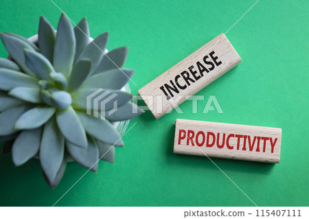 Increase Productivity symbol. Wooden blocks with words Increase Productivity. Businessman hand. Beautiful green background with succulent plant. Business and Increase Productivity concept. Copy space. 115407111