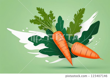 Juicy ripe flying carrot vegetables and green leaves isolated on pastel green background. 115407146