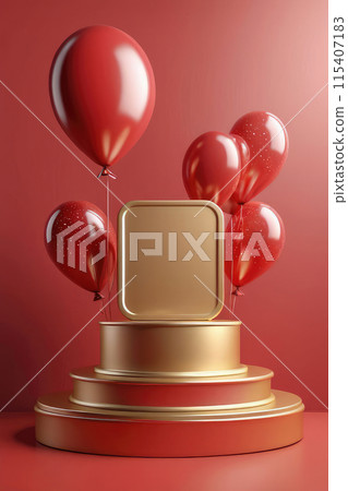 Happy greeting with podium and balloons elements for birth day mock up decoration on a red background. Happy greeting with podium and balloons elements for birth day mock up decoration on a red background. 115407183