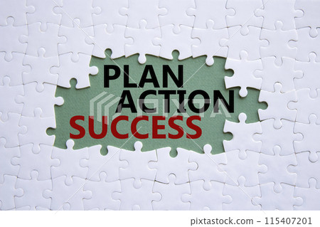 Plan Action Success symbol. Concept words Plan Action Success on white puzzle. Beautiful grey green background. Business and Plan Action Success concept. Copy space. Plan Action Success symbol. Concept words Plan Action Success on white puzzle. Beautiful grey green background. Business and Plan Action Success concept. Copy space. 115407201