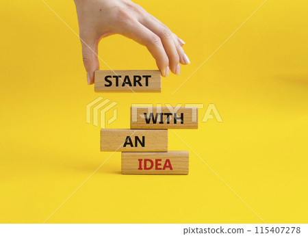 Start with an Idea symbol. Wooden blocks with words Start with an Idea. Beautiful yellow background. Businessman hand. Business and Start with an Idea concept. Copy space. Start with an Idea symbol. Wooden blocks with words Start with an Idea. Beautiful yellow background. Businessman hand. Business and Start with an Idea concept. Copy space. 115407278