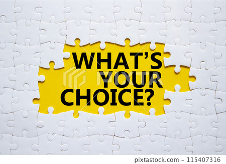 What is your choice symbol. Concept words What is your choice on white puzzle. Beautiful yellow background. Business and What is your choice concept. Copy space. What is your choice symbol. Concept words What is your choice on white puzzle. Beautiful yellow background. Business and What is your choice concept. Copy space. 115407316