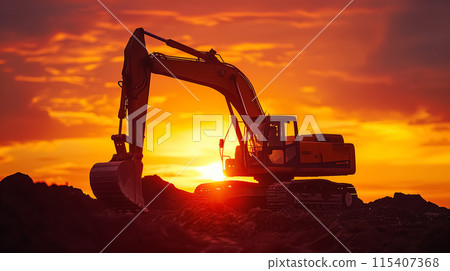 An excavator working in the field at sunset. 115407368