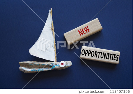 New Opportunities symbol. Concept word New Opportunities on wooden blocks. Beautiful deep blue background with boat. Business and New Opportunities concept. Copy space 115407396