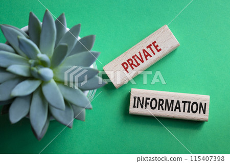 Private Information symbol. Wooden blocks with words Private Information. Beautiful green background with succulent plant. Businessman hand. Business and Private Information concept. Copy space. Private Information symbol. Wooden blocks with words Private Information. Beautiful green background with succulent plant. Businessman hand. Business and Private Information concept. Copy space. 115407398