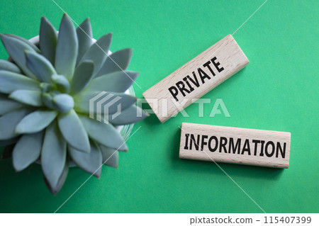 Private Information symbol. Wooden blocks with words Private Information. Beautiful green background with succulent plant. Businessman hand. Business and Private Information concept. Copy space. Private Information symbol. Wooden blocks with words Private Information. Beautiful green background with succulent plant. Businessman hand. Business and Private Information concept. Copy space. 115407399