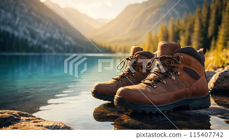 Pair of hiking boots at the shore of beautiful scenic mountain lake 115407742
