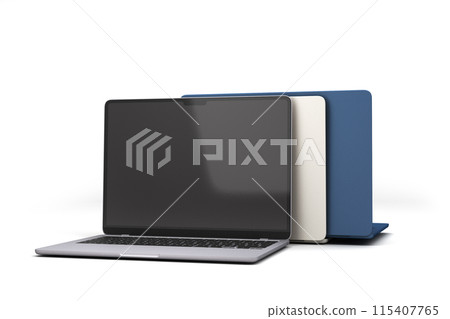 new different color empty screan laptops presentation front 3d render on white 115407765