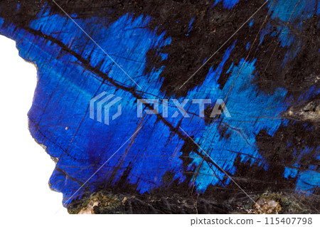 Macro of a stone Labradorite mineral on a white background Macro of a stone Labradorite mineral on a white background 115407798