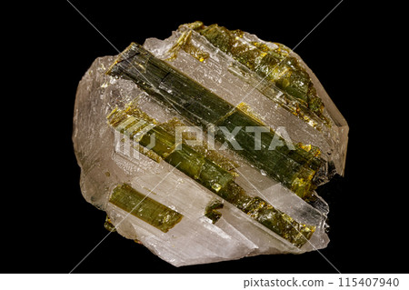 Macro stone tourmaline mineral on a black background Macro stone tourmaline mineral on a black background 115407940