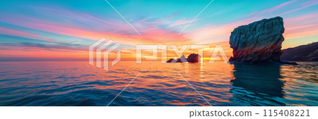 Sunset over ocean with rocky shore. 115408221