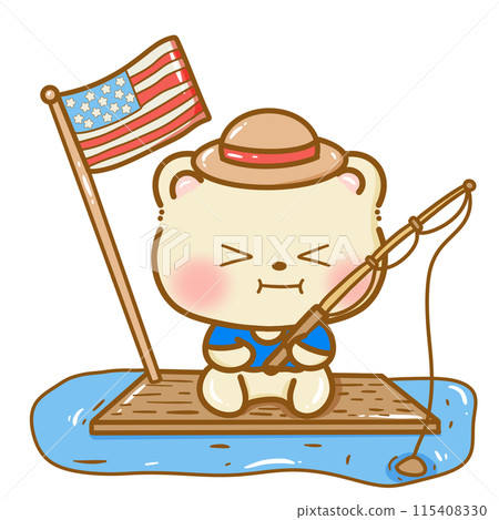 Hand drawn illustration kawaii bear fishing famerican 4th of july party celebration USA Independence Day Doodle cute animal national isolated elements on white background  115408330