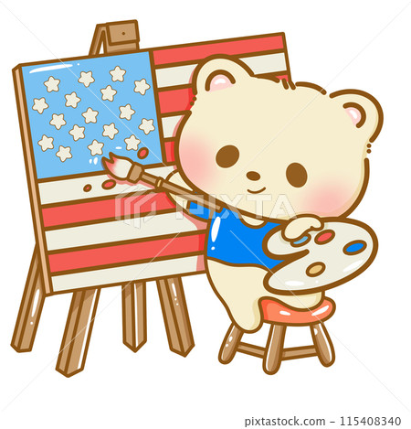 Hand drawn illustration kawaii bear american 4th of july party celebration USA Independence Day Doodle cute animal national isolated elements on white background drawing a flag 115408340