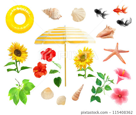 Summer plants and travel outdoor goods - Summer image item illustration set vector material 115408362