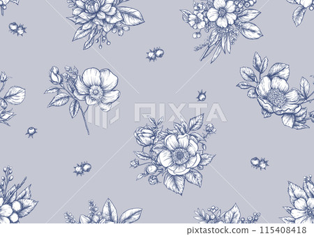 Boutonniere of wild rose flowers and berries Boutonniere of wild rose flowers and berries 115408418