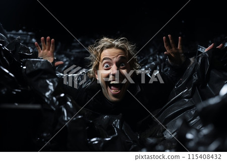 A cheerful man with a bright smile, standing in the middle of a pile of garbage in the darkness 115408432