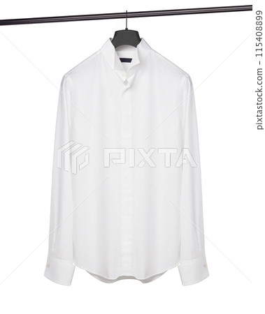 Classic white shirt with cuffs for cufflinks on black hangers on a black hanger on a white background Classic white shirt with cuffs for cufflinks on black hangers on a black hanger on a white background 115408899