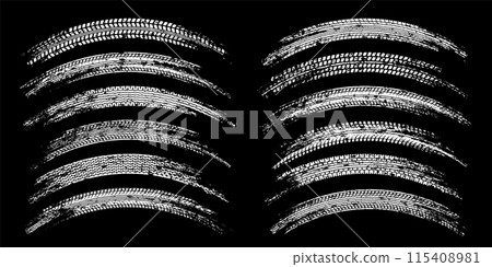 Grunge tire tracks, wheel braking marks. Truck, car or motorcycle tread pattern silhouettes. Auto race, motorsport, speed racing design element. Vector illustration Grunge tire tracks, wheel braking marks. Truck, car or motorcycle tread pattern silhouettes. Auto race, motorsport, speed racing design element. Vector illustration 115408981
