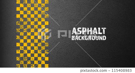 Asphalt road with yellow cracked lane marking, concrete highway surface, texture. Street traffic line, road dividing strip. Pattern with grainy structure, grunge stone background. Vector illustration 115408983