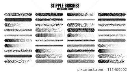 Stipple scatter brush, ink drawing and texturing. Fading gradient. Stippling, dotwork drawing, shading using dots. Halftone disintegration effect. White noise grainy texture. Vector illustration 115409002