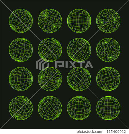 Wireframe shapes, lined sphere. Perspective mesh, 3d grid. Low poly geometric elements. Retro futuristic design elements, y2k, vaporwave and synthwave style. Vector illustration Wireframe shapes, lined sphere. Perspective mesh, 3d grid. Low poly geometric elements. Retro futuristic design elements, y2k, vaporwave and synthwave style. Vector illustration 115409012