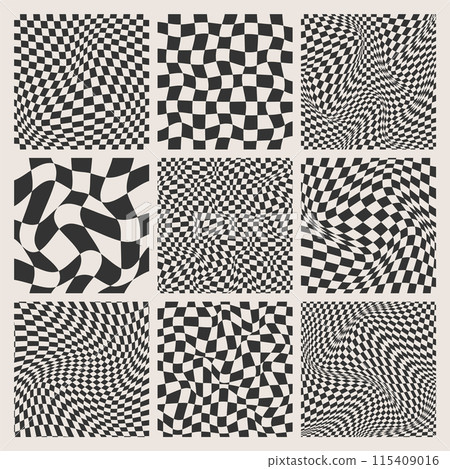 Trendy checkered pattern, black and white distorted tiled grid. Wavy curved backdrop, distortion effect. Funky geometric chessboard texture, retro background in 90s style, y2k. Vector illustration 115409016