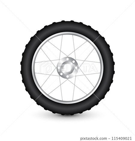 Realistic 3d bicycle wheel. Bike rubber tire, shiny metal spokes and rim. Fitness cycle, touring, sport, road and mountain bike. Vector illustration 115409021