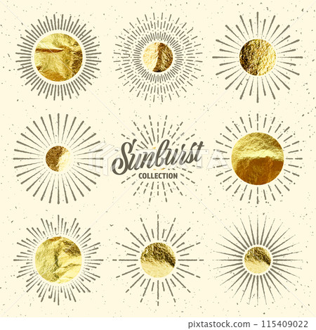 Vintage grunge sunburst sunset beams. Gold foil, shiny handmade circles. Golden glittering texture, pattern. Hand drawn bursting sun, light rays. Logotype, lettering, retro style. Vector illustration Vintage grunge sunburst sunset beams. Gold foil, shiny handmade circles. Golden glittering texture, pattern. Hand drawn bursting sun, light rays. Logotype, lettering, retro style. Vector illustration 115409022