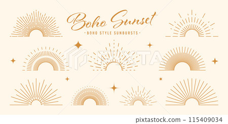 Vintage sunburst, sunset beams, half circle sunrise. Boho style, modern minimalist bohemian design. Hand drawn bursting sun, light rays. Lettering design element in retro style. Vector illustration Vintage sunburst, sunset beams, half circle sunrise. Boho style, modern minimalist bohemian design. Hand drawn bursting sun, light rays. Lettering design element in retro style. Vector illustration 115409034