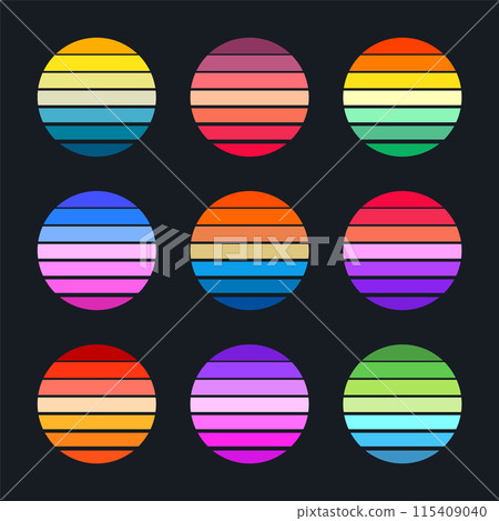 Vintage sunset collection. Colorful striped sunrise badges in 80s and 90s style. Sun and ocean view, summer vibes, surfing. Design element for print, logo or t-shirt. Vector illustration 115409040