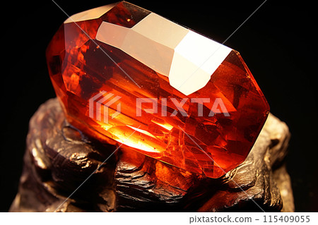 Clinohumite fossil mineral stone. Geological crystalline fossil. Dark background close-up. 115409055