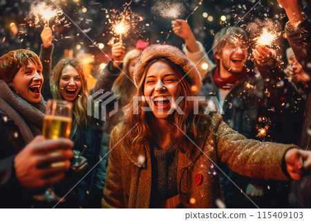 Cheerful party of young smiling people. Club event with music and alcohol. Cheerful party of young smiling people. Club event with music and alcohol. 115409103