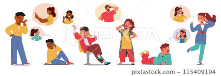 Diverse Group Of Kids Friends Engaged In Phone Conversations, Sharing Laughter And Joy, Cartoon Vector Illustration 115409104