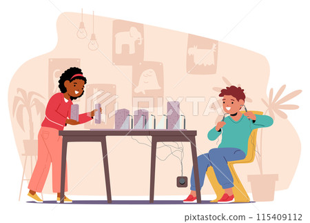 Two Kids Joyfully Working On A School Project In The Classroom. They Are Engaged In Constructing And Experimenting 115409112