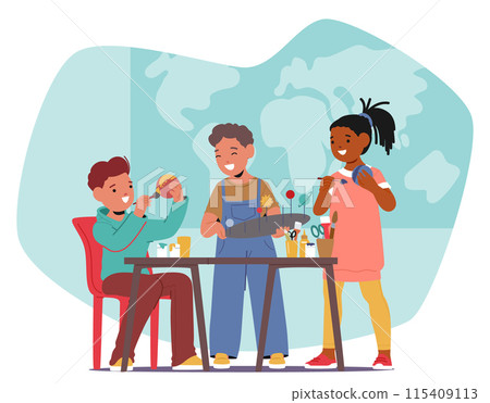 Three Children Are Collaborating On An Art And Craft School Project In A Classroom Setting. They Are Engaged 115409113