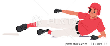 Baseball Player In Red Uniform Sliding Towards The Base. Athlete Is Wearing Protective Gear Including Helmet And Gloves Baseball Player In Red Uniform Sliding Towards The Base. Athlete Is Wearing Protective Gear Including Helmet And Gloves 115409115
