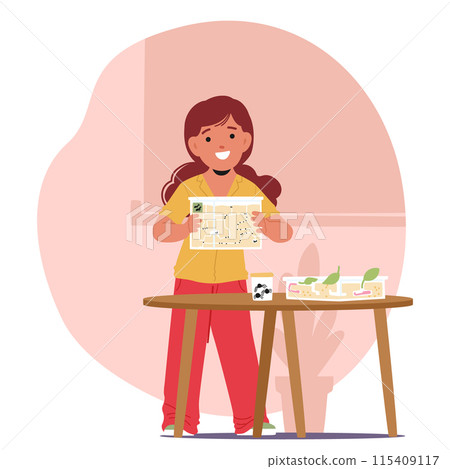 Girl Enthusiastically Presents School Project Involving The Ants. Child Stands Behind A Table With Her Experiment Set Up Girl Enthusiastically Presents School Project Involving The Ants. Child Stands Behind A Table With Her Experiment Set Up 115409117