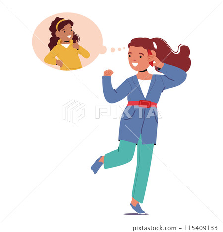 Happy Girl Joyfully Talking On The Phone With A Friend. Cartoon Vector Image Captures Cheerful And Playful Conversation 115409133