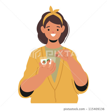 Smiling Woman Enjoying A Healthy Organic Vegan Snack. Female Character Is Holding A Small Bowl Of Nuts And Fruits Smiling Woman Enjoying A Healthy Organic Vegan Snack. Female Character Is Holding A Small Bowl Of Nuts And Fruits 115409136