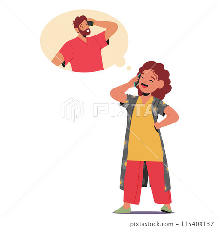 Happy Child Talking On The Phone While Imagining A Conversation With Father Or Adult Friend, Cartoon Vector Illustration 115409137