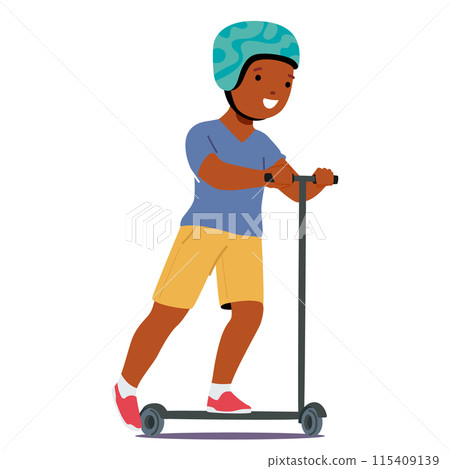 Happy Boy Riding A Scooter While Wearing A Safety Helmet. Cartoon Vector Image Conveys A Sense Of Joy 115409139