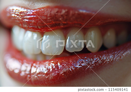 Female smiling mouth with bright lips, large perfect teeth. AI generated. 115409141